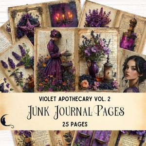Kit de diário de lixo de boticário roxo, vintage gótico botânico efêmero erval bruxa imprimível scrapbook papel bruxaria poção mágica colagem