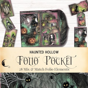 Joli kit de poche pour journal folio gothique fantasmagorique, éphémères imprimables, album de sorcellerie vintage, fournitures d'artisanat d'Halloween creuses hantées