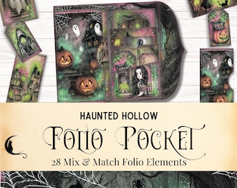 May include: A Haunted Hollow Folio Pocket set featuring 28 mix and match folio elements. The collection includes illustrated paper tags and cards with ghosts, pumpkins, a haunted house, and a character holding a book, all in shades of green and purple.
