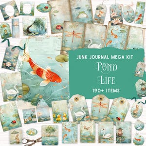 Kit de journal indésirable pour étang, éphémères vintage, pochette folio imprimable, étang de carpes koï, album de canards aquarelle, feuille de collage nature papiers numériques