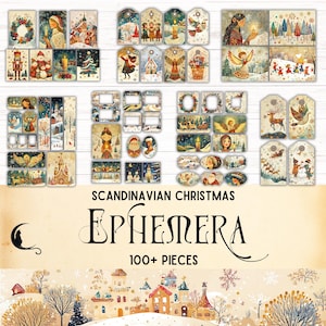 Scandinavische kerstlabels junk Journal Efemere Kit, Afdrukbare Efemere, Vintage Kerst Efemere, Zweedse Kerstfeest volkskunst Papierkunst