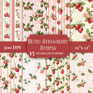Papier numérique fraise rétro, motifs transparents pour scrapbooking, arrière-plans shabby chic, rayures roses, articles essentiels pour travaux manuels floraux