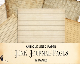 Antique Lined Junk Journal Pages, Digital Vintage Paper, Aged Distressed Printable Backgrounds, Old Texture, Horizontal Filler Scrapbook Kit