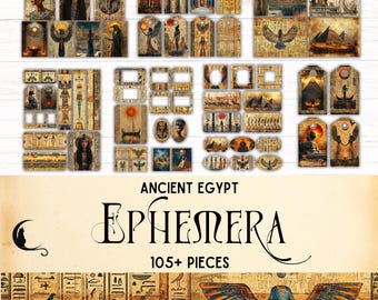 Op de afbeelding: Een collectie van meer dan 105 stuks ephemera over het oude Egypte met diverse rechthoekige en ovale papieren uitsparingen met illustraties van farao's, piramides, hiërogliefen, godheden en woestijnlandschappen in goud-, bruin- en blauwtinten.