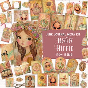 Kit de diario basura boho hippie, kit de folio imprimible, papel digital retro hippie de chica, papel arcoíris colorido y extravagante