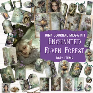 Elven Forest Junk Journal Kit, afdrukbare Enchanted Woodland Folio Kit, vintage fantasy ephemera, bosgeest plakboek, sprookjespagina's