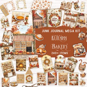 Puede incluir: Un conjunto de efímeras de diario basura con temática otoñal. El kit incluye etiquetas, tarjetas y papel con ilustraciones de panaderías y cosechas de otoño. El texto "Autumn Bakery" y "240+ Items" es visible. La paleta de colores incluye tonos cálidos de naranja, marrón y crema.