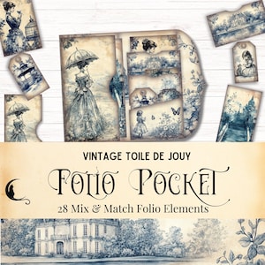 kit folio pour journal indésirable Toile De Jouy vintage bleu, folio pliable imprimable, éphémère Français classique, poches chargées, étiquettes, shabby chic