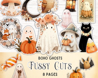 Boho-Geister-Bastelset, verspielte Halloween-Deko, ausdruckbare, gruselig-süße Geister, digitales Scrapbooking- und Junk-Journal-Set, DIY-Bastelbedarf
