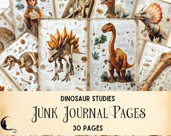 Dinosaur Junk Journal Kit, Printable Scrapbook Pages, Vintage Paleontology Ephemera, Fossils Digital Collage Prehistoric Scientific Sketches