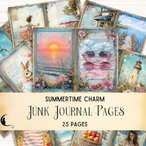 Kit de diário de lixo Summertime Charm, páginas de praia digitais, itens efêmeros costeiros imprimíveis para artesanato, scrapbooking, projetos DIY, viagens de férias