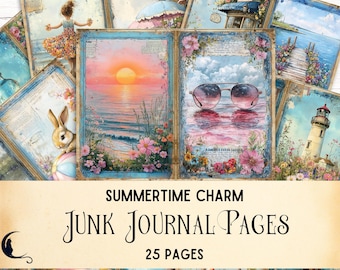 Summertime Charm Junk Journal Kit, Digital Beach Pages, Printable Coastal Ephemera for Crafting, Scrapbooking, DIY Projects Vacation Travel