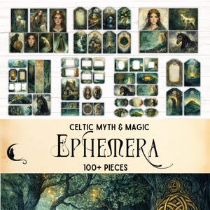 Keltisk myt och magi skräpjournal Ephemera Kit, utskrivbar digital klippbok, fantasy-tema papperspysseltillbehör, förtrollad alvskog