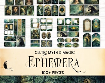 Puede incluir: Una colección de más de 100 piezas de efímera de papel impreso con temas de mitos y magia celtas, que incluye ilustraciones de figuras, caballos, ciervos, paisajes y etiquetas decorativas con paletas de colores de bosque oscuro y detalles dorados.