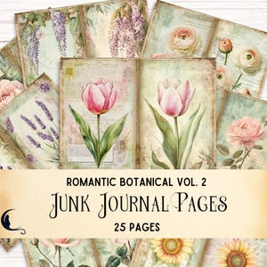Romantisches Botanisches Junk Journal, Floral bedruckbar, Vintage Blumen Papier, Natur inspiriert, Shabby Chic Ephemera, Sonnenblume, Glyzinien, Rosen