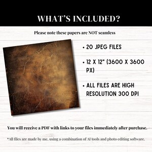 May include: A digital paper set with a textured, brown leather-like appearance. The image includes details about the included files: 20 JPEG files, 12 x 12 inches (3600 x 3600 px), and high resolution 300 DPI. The text states that a PDF with links will be provided.