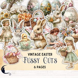 Peut inclure: Découpes de Pâques vintage avec des images de lapins, de poussins, d'œufs, de paniers et de fleurs. Les images sont sur six pages.