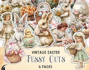 May include: A collection of vintage Easter-themed paper cutouts featuring illustrations of rabbits, chicks, decorated eggs, children, and baskets. The text VINTAGE EASTER FUSSY CUTS 6 PAGES is printed in the centre of the image on a light background.