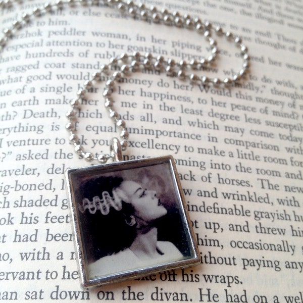 BRIDE OF FRANKENSTEIN Square Silver Pendant Necklace, Film Lover Gift