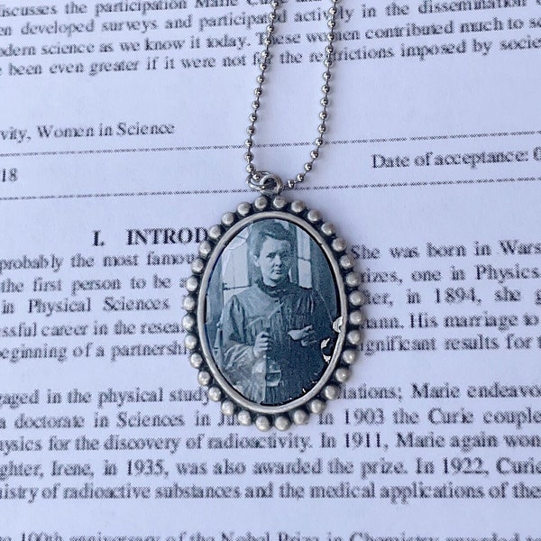 MARIE CURIE Silver Oval Pendant Necklace, History/Science Lover Gift