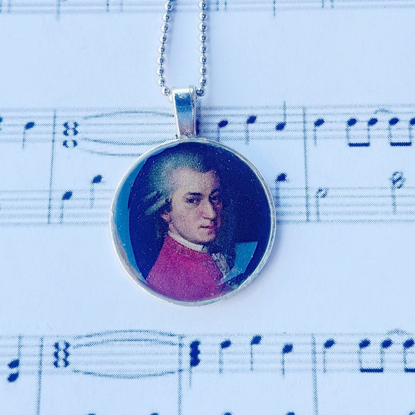 WOLFGANG AMADEUS MOZART Round Silver Pendant Necklace, Music Lover Gift