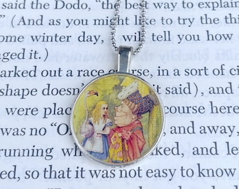 ALICE IN WONDERLAND Book Art Round Silver Pendant Necklace, Book Lover Gift