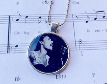 BILLIE HOLIDAY Round Silver Pendant Necklace, Jazz Lover Gift