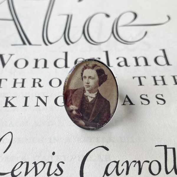 LEWIS CARROLL Antique Brass Adjustable Oval Pendant Ring, Book Lover Gift