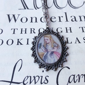 ALICE IN WONDERLAND Antiqued Silver Oval Necklace, Book Lover Gift