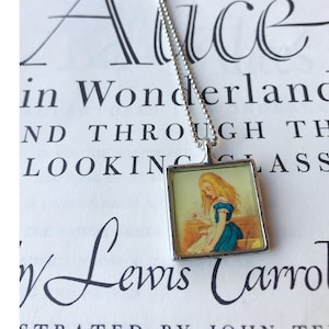 ALICE IN WONDERLAND Square Silver Pendant Necklace, Book Lover Gift