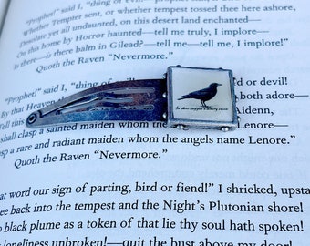 RAVEN Edgar Allen POE Silver Square barrette, Writer Gift