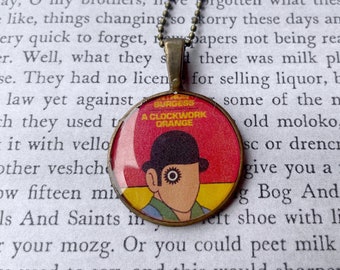 A CLOCKWORK ORANGE Round Antiqued Brass Pendant Necklace, Book Lover Gift