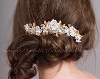 Bridal Hair Accessory, Ivory and Gold Color Wedding Hair Comb, Pearl and Rhinestone Hair Comb - Halle
