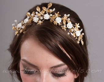 Gold Bridal Headpiece, Gold Rhinestone Wedding Hair Piece, Gold an Ivory Bridal Crown - Nena