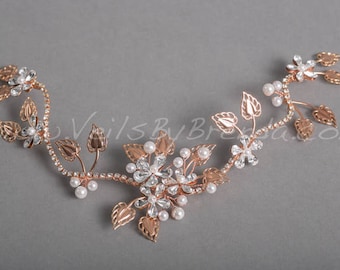 Rose Gold Hair Vine,Silver Hair Jewelry, Bridal Pearl and Rhinestone Headpiece - Ava