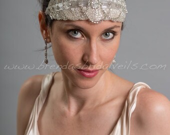 Rhinestone and Beaded Great Gatsby Headband, 1920s Flapper Style Bridal Hairband, Wedding Headband - Davina