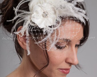 Ivory Bridal Hairpiece, Flowers and Lace with Netting Accent - Heather