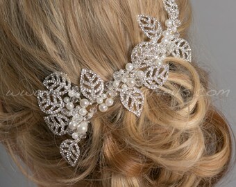 Rhinestone and Pearl Hair Comb, Rhinestone Leaf Headpiece, Rhinestone Bridal Hair Vine, Wedding Hair Comb - Lorna