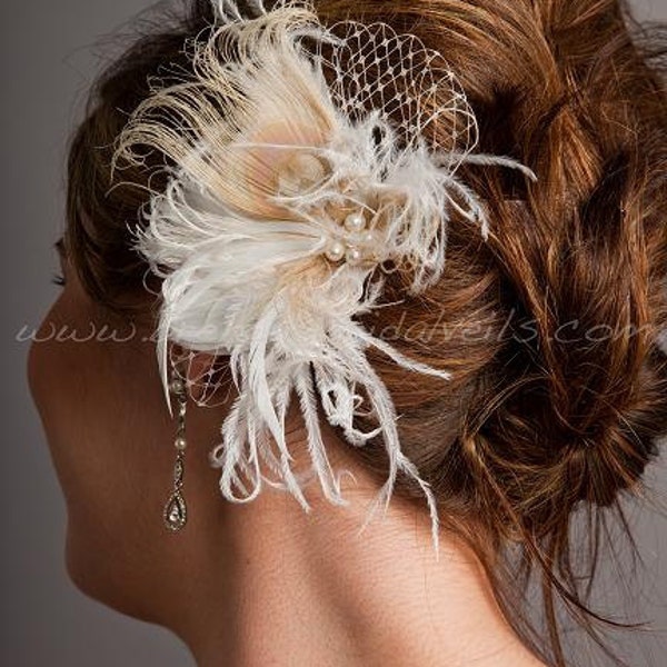 Ivory and Champagne Feather Birdcage Fascinator Peacock Eye with Fresh Water Pearls and Golden Shadow Crystals - Juliette Head Piece