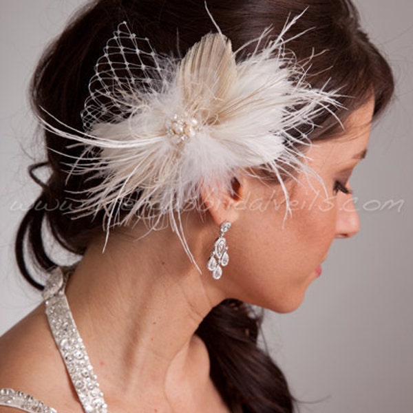 Ivory Feather Birdcage Fascinator with Champagne Peacock Eye and Fresh Water Pearl and Rhinestone Center - Takoda