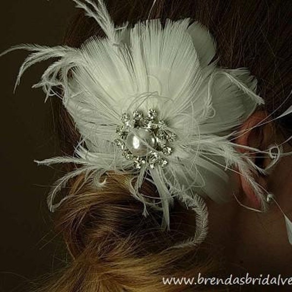 Rare Natural White Peacock Eyes Feather with Pearl and Rhinestone Center Fascinator - Available in White or Ivory