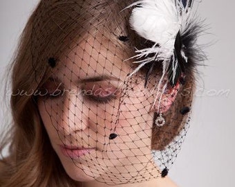 Bridal Birdcage Veil Black Chenille Dot Wedge with Kenya Head Piece Wedding Birdcage Feather Fascinator