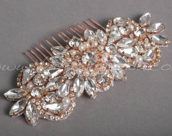 Bridal Hair Comb, Rose Gold Bridal Headpiece, Rhinestone Wedding Hair Accessory, Rose gold, Silver, Gold - Belita