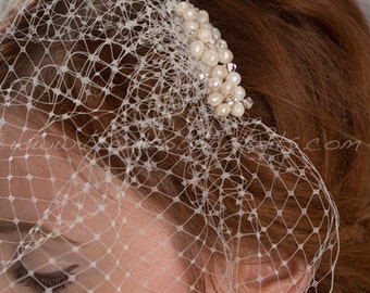 Birdcage Veil with Bridal Pearl Hair Comb, Bridal Pearl Hair Piece, Wedding Veil, Birdcage Veil