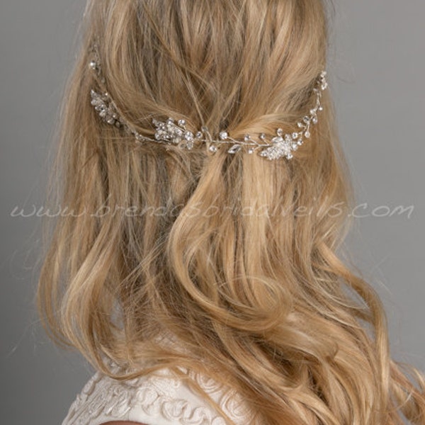 Rhinestone Hair Vine, Bridal Headband, Pearl Leaf and Crystal Headband, Boho Headband - Amelia