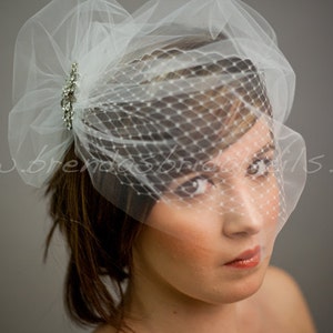 Bridal Veil Set, Double Layer Bandeau Birdcage Veil Tulle Over Netting, Rhinestone Brooch, White, Diamond White, Ivory, Champagne, Black