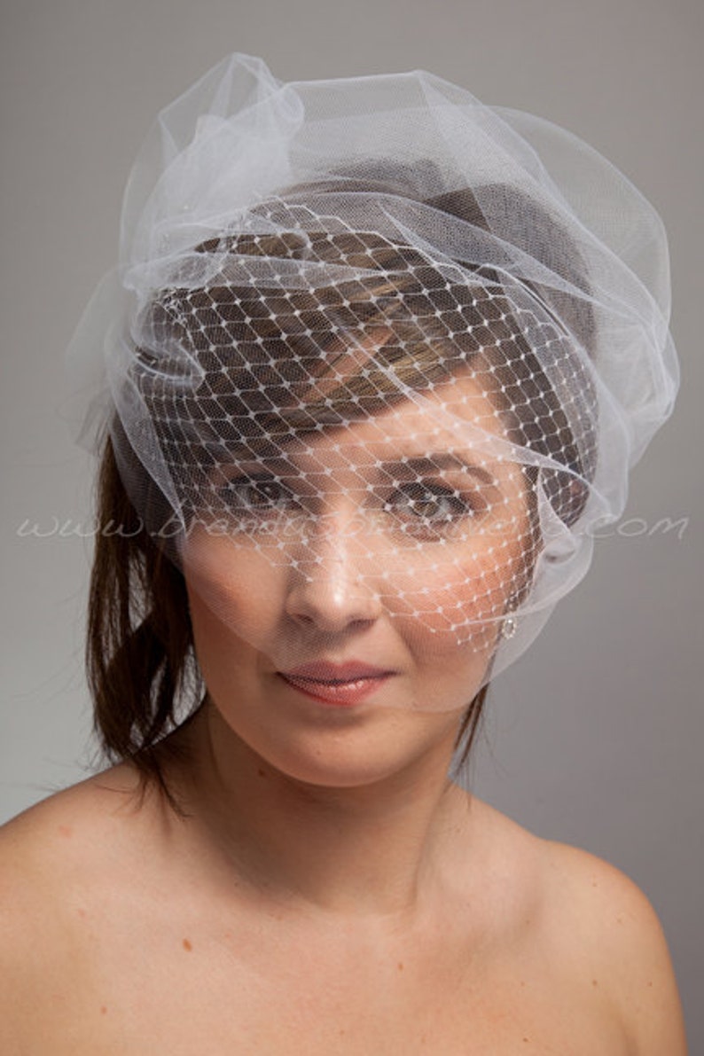 Bridal Veil Set, Double Layer Bandeau Birdcage Veil Tulle Over Netting, Rhinestone Brooch, White, Diamond White, Ivory, Champagne, Black image 4