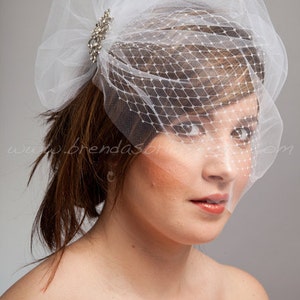 Bridal Veil Set, Double Layer Bandeau Birdcage Veil Tulle Over Netting, Rhinestone Brooch, White, Diamond White, Ivory, Champagne, Black image 2