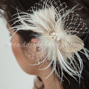 Champagne and Ivory Feather Peacock Birdcage Fascinator with Fresh Water Pearl and Rhinestone Center - Calissa