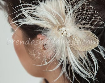 Champagne and Ivory Feather Peacock Birdcage Fascinator with Fresh Water Pearl and Rhinestone Center - Calissa